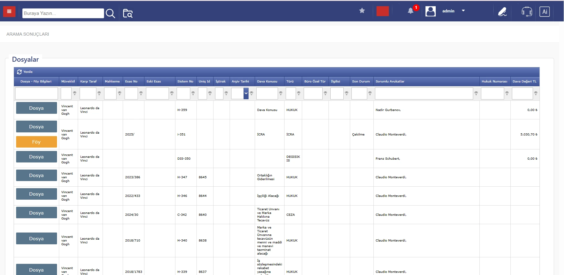 Hukuk Otomasyon Sistemi Detaylı Arama