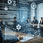 DALL·E 2024-10-01 15.18.17 – A modern legal office setting with advanced technology, showing automated workflows for contract management. In the foreground, a digital screen displ