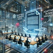 DALL·E 2024-12-06 17.10.03 – A visually striking digital artwork representing the concept of adaptable business needs in contract management. The image features a futuristic offic
