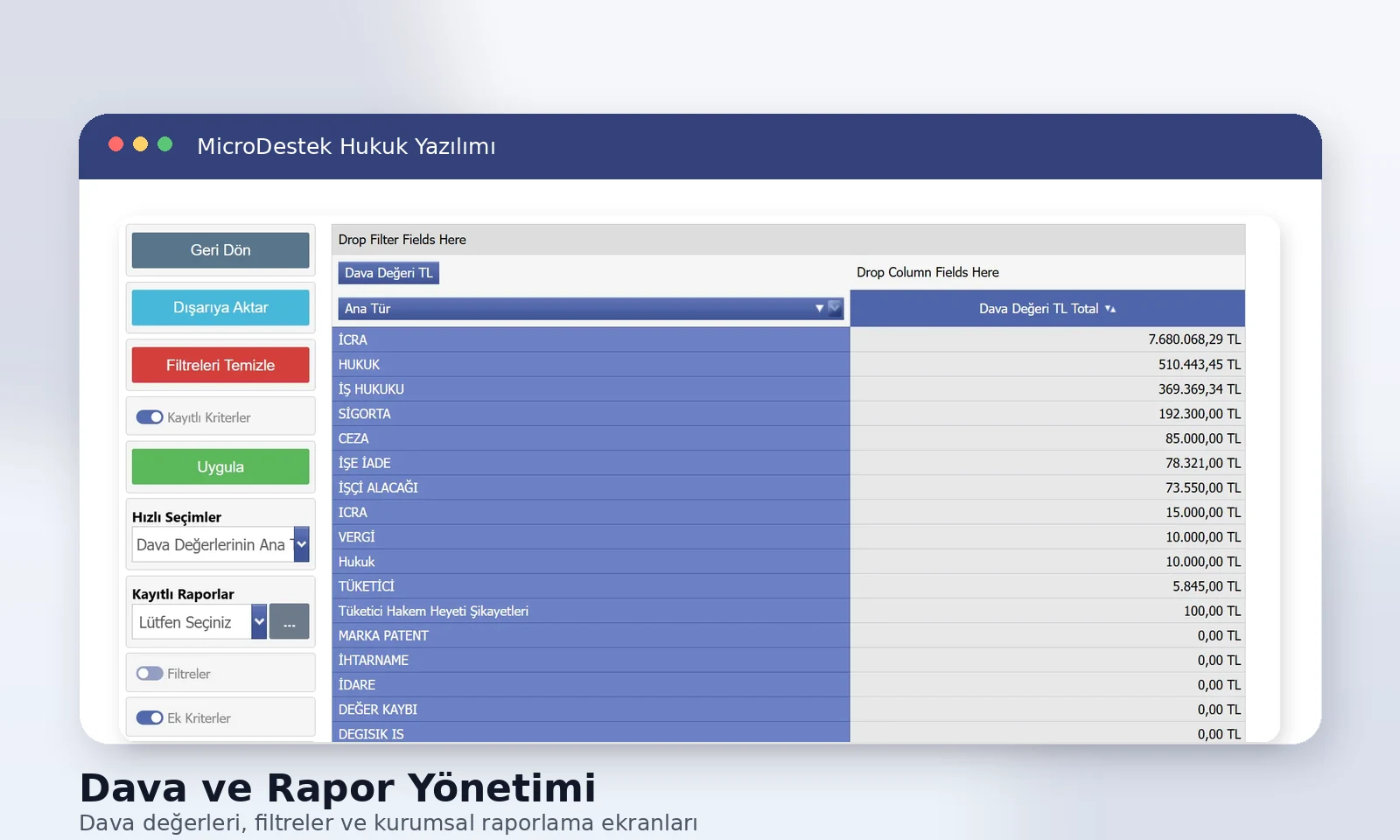 hukuk yazılımı dava ve raporlama ekranı