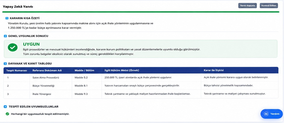 Yapay zeka tarafından uygun olarak değerlendirilen örnek karar analizi
